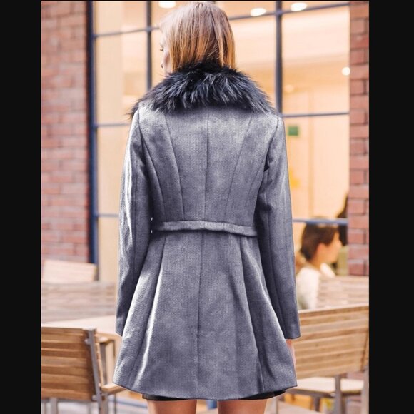 NWT Genuine Raccoon Fur Collar Wool Gray Coat Raccoon Fur Removable - Picture 12 of 16